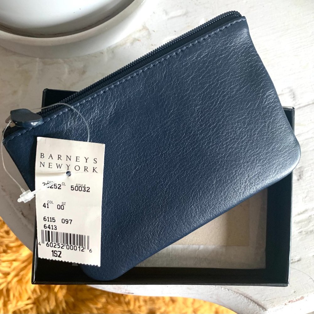 Barneys New York Coin purse. Navy leather. Brand new. Original Gift Box.
